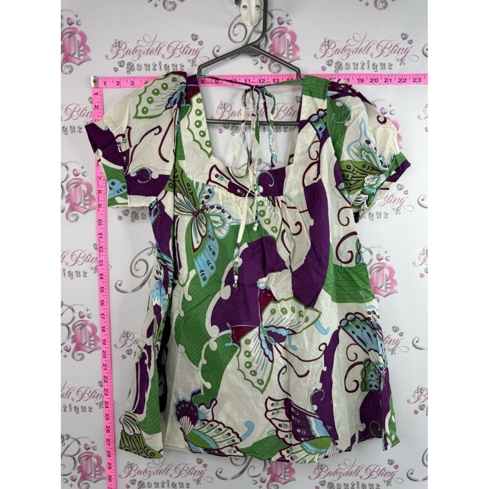 725 originals shirt, jewels Butterfly Print Puff Sleeve Top — Purple & Green - Picture 2 of 12